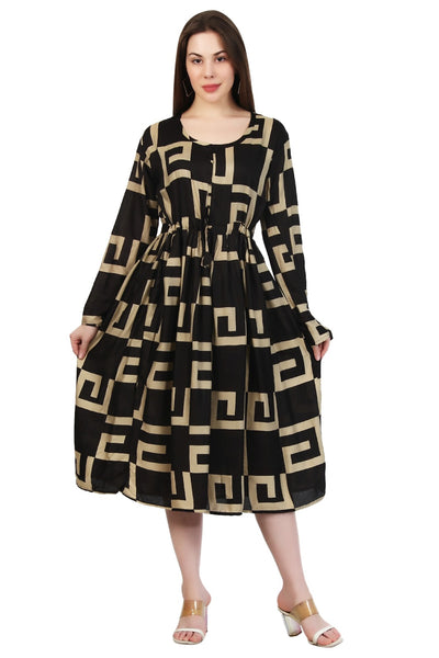 New Women Maze Print Rayon Long Sleeve Midi Dress (DRS-12283) 12pcs Pack Unit Price £7