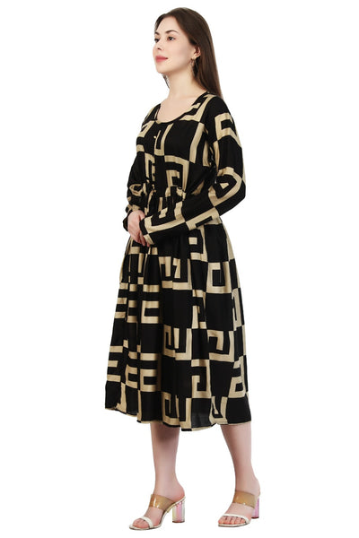 New Women Maze Print Rayon Long Sleeve Midi Dress (DRS-12283) 12pcs Pack Unit Price £7