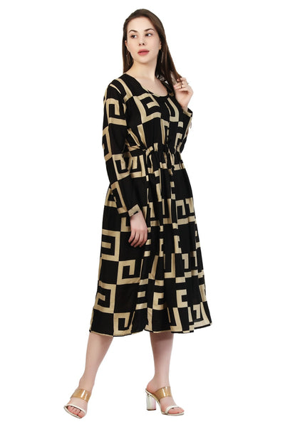 New Women Maze Print Rayon Long Sleeve Midi Dress (DRS-12283) 12pcs Pack Unit Price £7