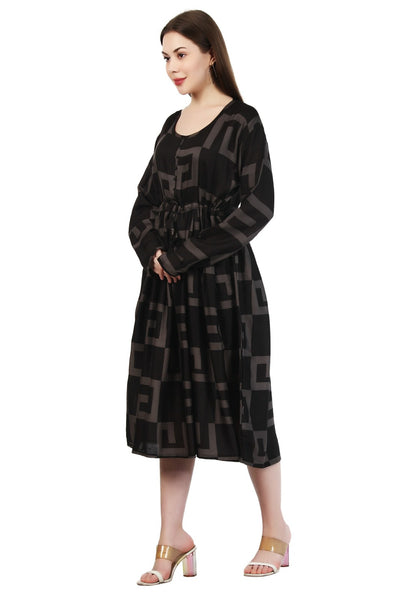 New Women Maze Print Rayon Long Sleeve Midi Dress (DRS-12283) 12pcs Pack Unit Price £7