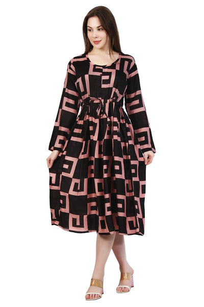 New Women Maze Print Rayon Long Sleeve Midi Dress (DRS-12283) 12pcs Pack Unit Price £7