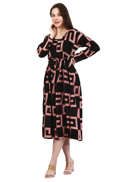 New Women Maze Print Rayon Long Sleeve Midi Dress (DRS-12283) 12pcs Pack Unit Price £7