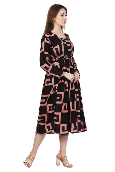 New Women Maze Print Rayon Long Sleeve Midi Dress (DRS-12283) 12pcs Pack Unit Price £7